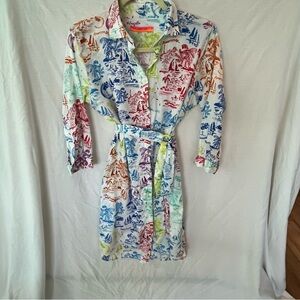 Vilagallo Shirt Dress Cotton Resort Colorful Vacation Tropical Size 42 10/12
